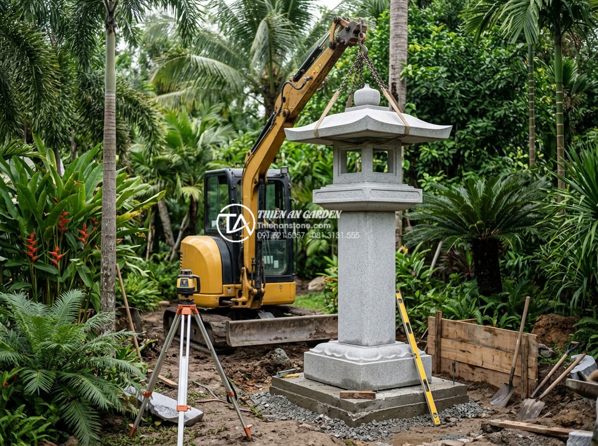 Nguồn gốc lịch sử của đèn đá trong kiến trúc cảnh quan Đông Á - Professional team installing a large Japanese style stone lantern in a luxury ga