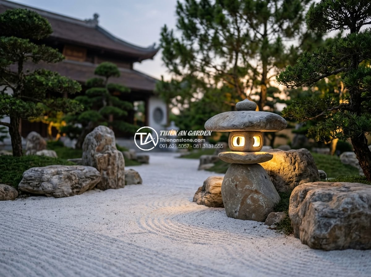 Nguồn gốc lịch sử của đèn đá trong kiến trúc cảnh quan Đông Á - Zen garden with traditional Japanese stone lantern placed among raked white sand