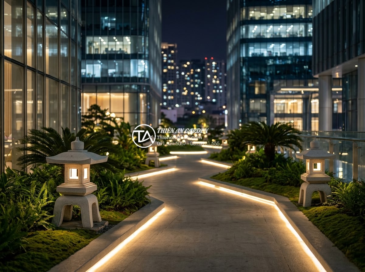 Nguồn gốc lịch sử của đèn đá trong kiến trúc cảnh quan Đông Á - Modern urban landscape design featuring multiple Japanese style stone lanterns i