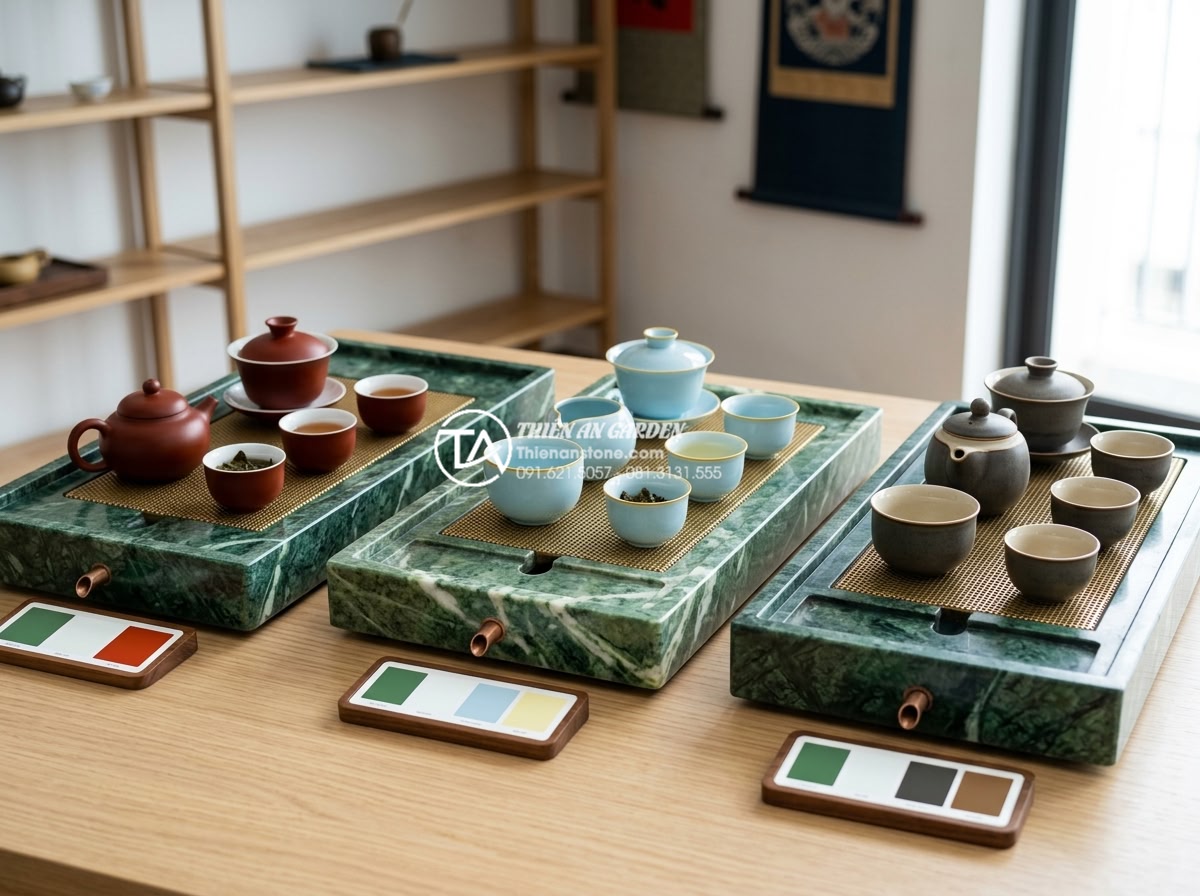 Những bộ ấm chén phù hợp nhất để sử dụng trên bàn trà đạo bằng đá - Hình 8 Những bộ ấm chén phù hợp nhất để sử dụng trên bàn trà đạo bằng đá - Color theory demonstration image featuring multiple natural stone tea tables in
