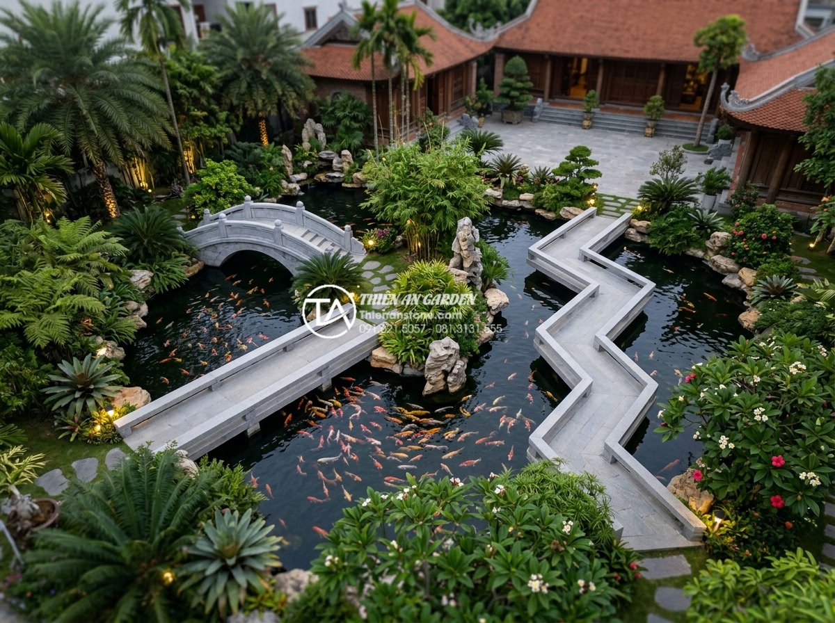 Phân loại các dáng cầu đá phổ biến: Cầu vòm, cầu phẳng và cầu dích dắc - Wide aerial view of a luxurious Vietnamese villa garden featuring multiple natur