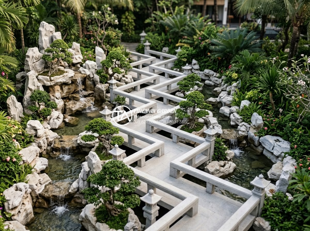 Phân loại các dáng cầu đá phổ biến: Cầu vòm, cầu phẳng và cầu dích dắc - Intricate zigzag stone bridge winding through a dense rock garden with small wat