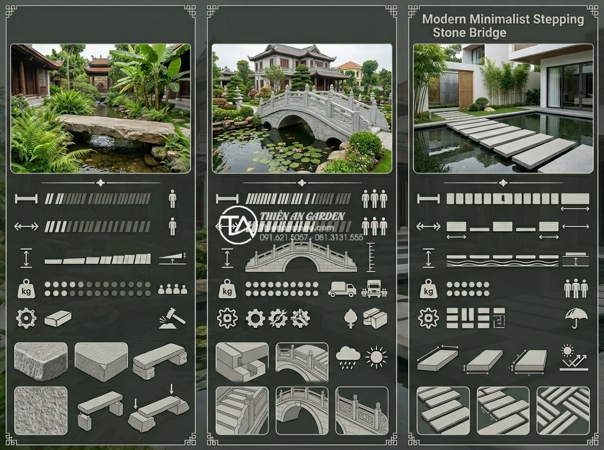 Phân loại các dáng cầu đá phổ biến: Cầu vòm, cầu phẳng và cầu dích dắc - Professional comparison infographic showing three popular natural stone garden b