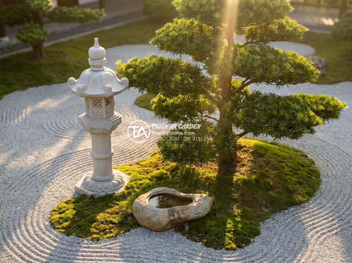Phối cảnh đèn đá sân vườn với cây Tùng La Hán: Đẳng cấp vườn Nhật - Close-up aerial view of premium Japanese garden coordination: natural granite st