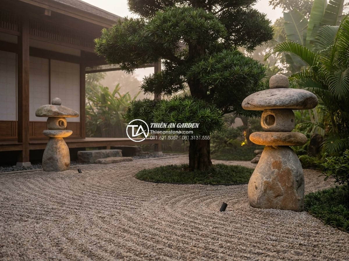 Phối cảnh đèn đá sân vườn với cây Tùng La Hán: Đẳng cấp vườn Nhật - Wide-angle professional photograph of perfectly balanced Japanese garden composi
