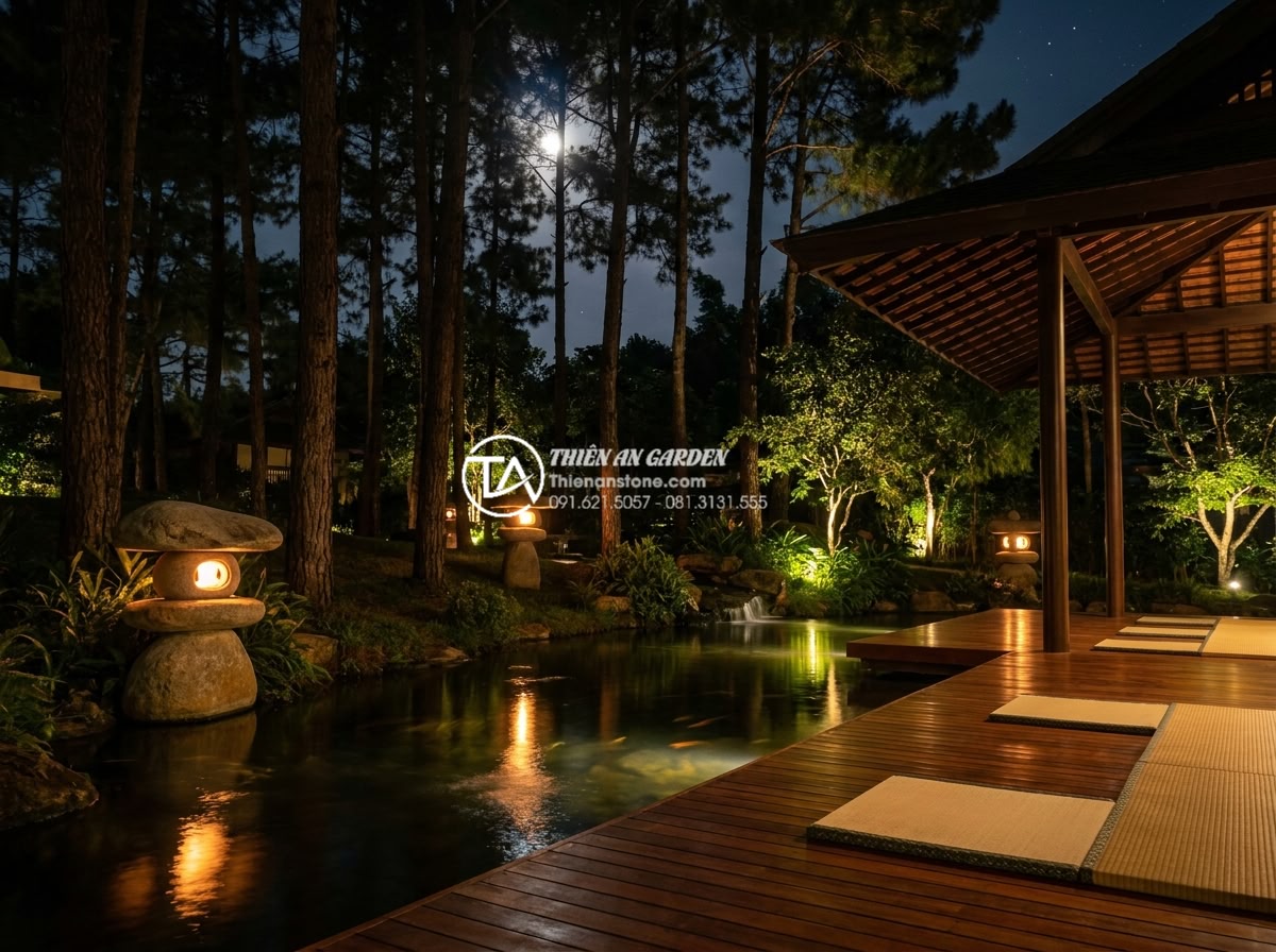 Phối cảnh đèn đá sân vườn với cây Tùng La Hán: Đẳng cấp vườn Nhật - Luxury resort Japanese garden at night: multiple stone lanterns glowing warmly a
