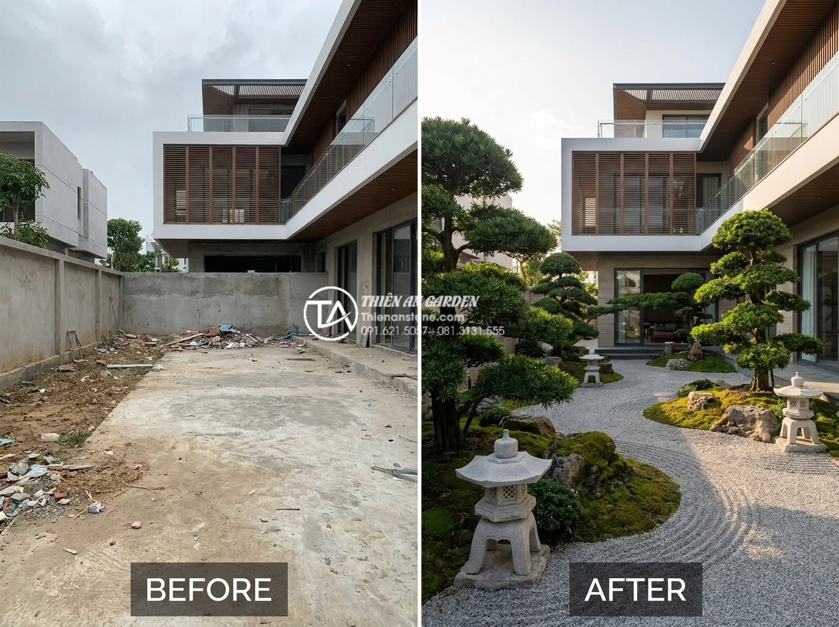 Phối cảnh đèn đá sân vườn với cây Tùng La Hán: Đẳng cấp vườn Nhật - Professional before-and-after comparison of high-end villa garden transformation