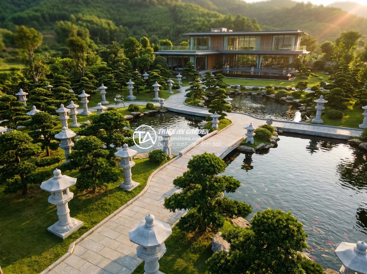 Phối cảnh đèn đá sân vườn với cây Tùng La Hán: Đẳng cấp vườn Nhật - Aerial drone shot of exclusive private estate featuring extensive Japanese garde