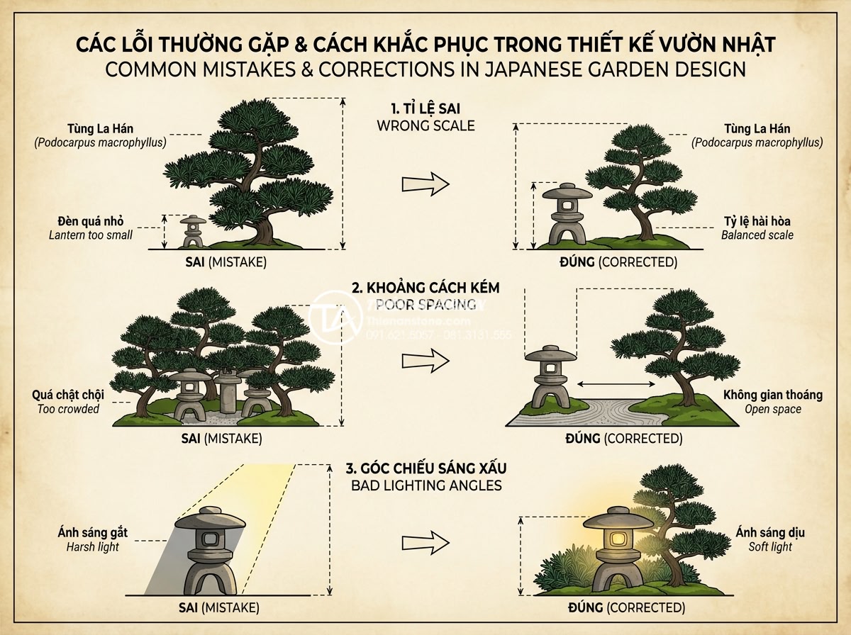 Phối cảnh đèn đá sân vườn với cây Tùng La Hán: Đẳng cấp vườn Nhật - Detailed technical illustration showing common mistakes in Japanese garden desig