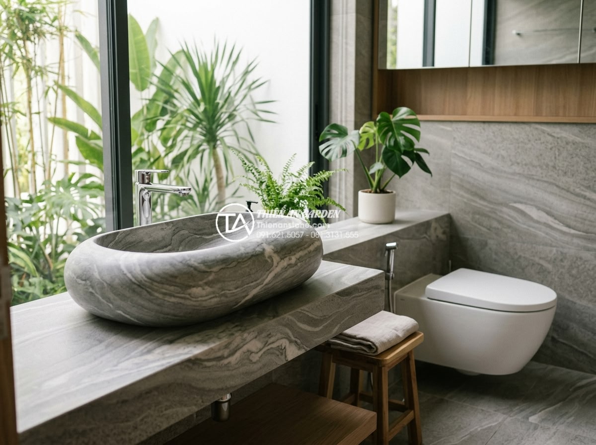 Phối Hợp Lavabo Đá Tự Nhiên Với Thiết Bị Vệ Sinh Inax, Toto, Viglacera Sao Cho Đẹp? - Luxurious modern bathroom interior featuring a large natural beige marble lavabo