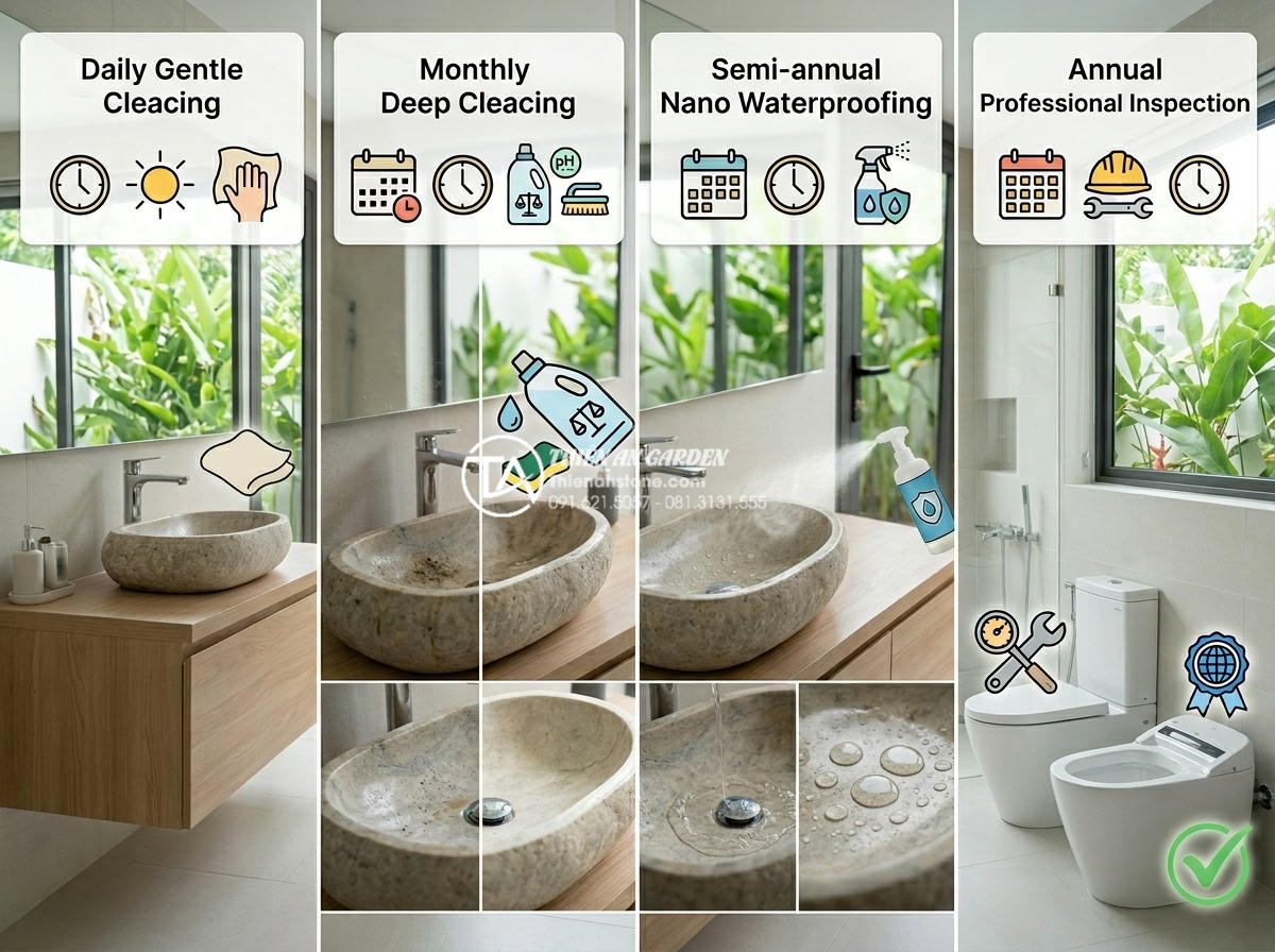 Phối Hợp Lavabo Đá Tự Nhiên Với Thiết Bị Vệ Sinh Inax, Toto, Viglacera Sao Cho Đẹp? - Step-by-step maintenance guide infographic for natural stone lavabo and premium 