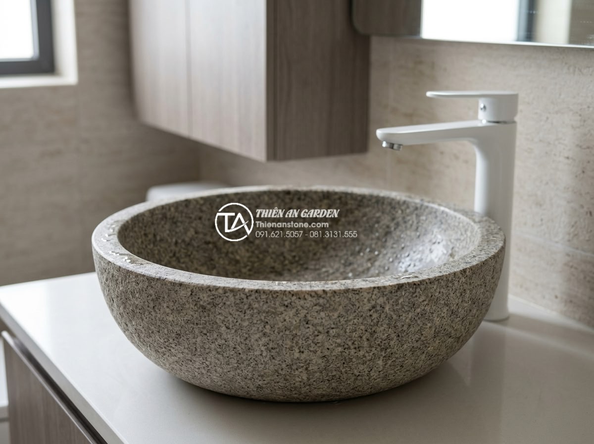 Phối Hợp Lavabo Đá Tự Nhiên Với Thiết Bị Vệ Sinh Inax, Toto, Viglacera Sao Cho Đẹp? - Close-up view of premium natural stone lavabo basin carved from beige marble wit