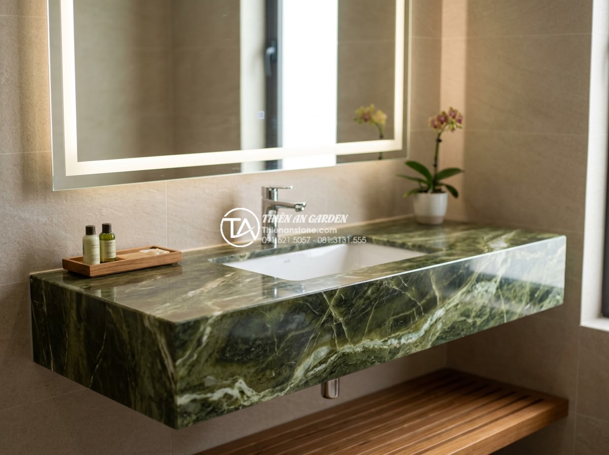 Phối Hợp Lavabo Đá Tự Nhiên Với Thiết Bị Vệ Sinh Inax, Toto, Viglacera Sao Cho Đẹp? - Elegant bathroom scene with natural stone lavabo in white marble installed as a 
