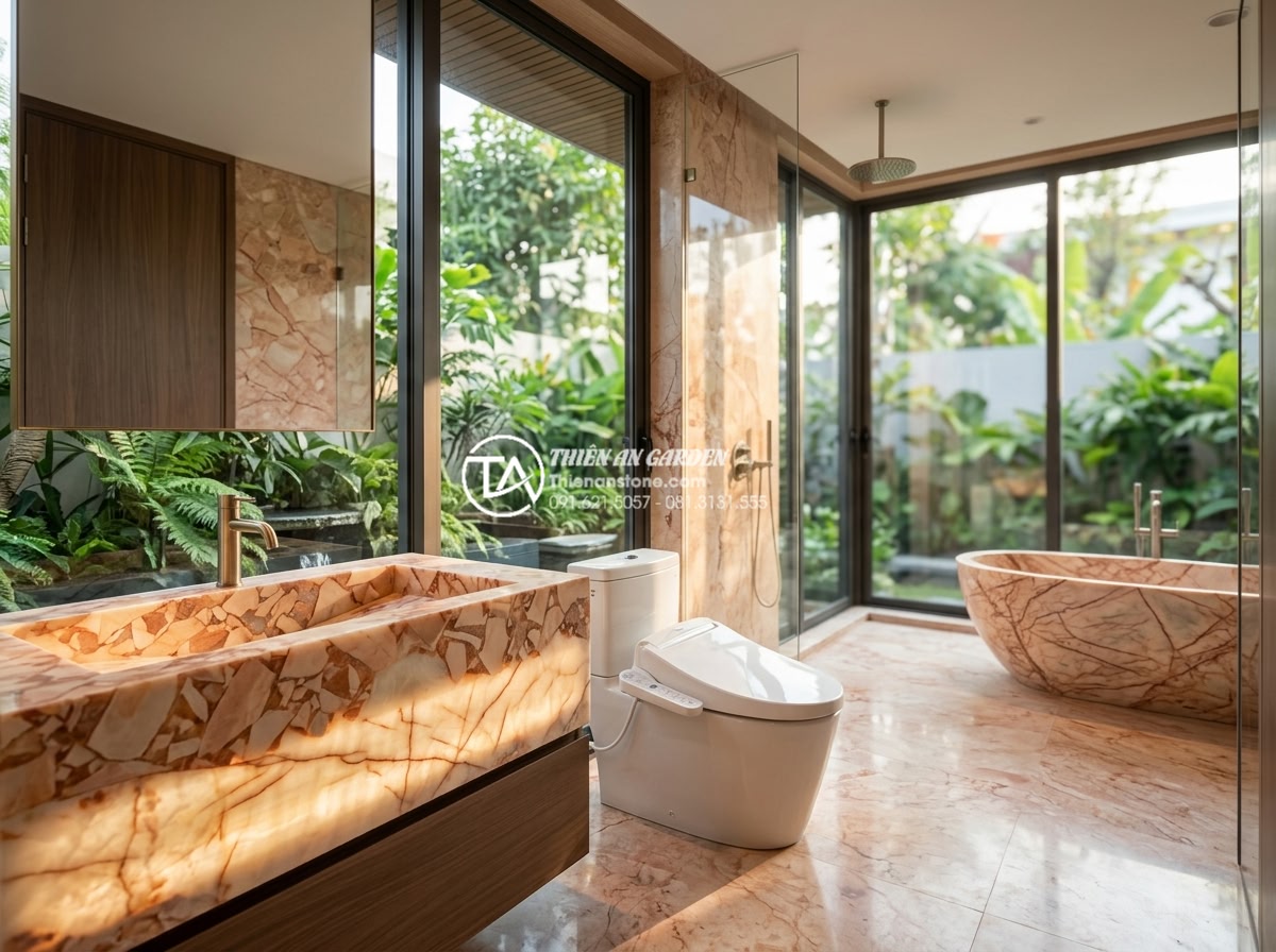 Phối Hợp Lavabo Đá Tự Nhiên Với Thiết Bị Vệ Sinh Inax, Toto, Viglacera Sao Cho Đẹp? - Spacious luxury master bathroom in a villa featuring a massive natural onyx lava