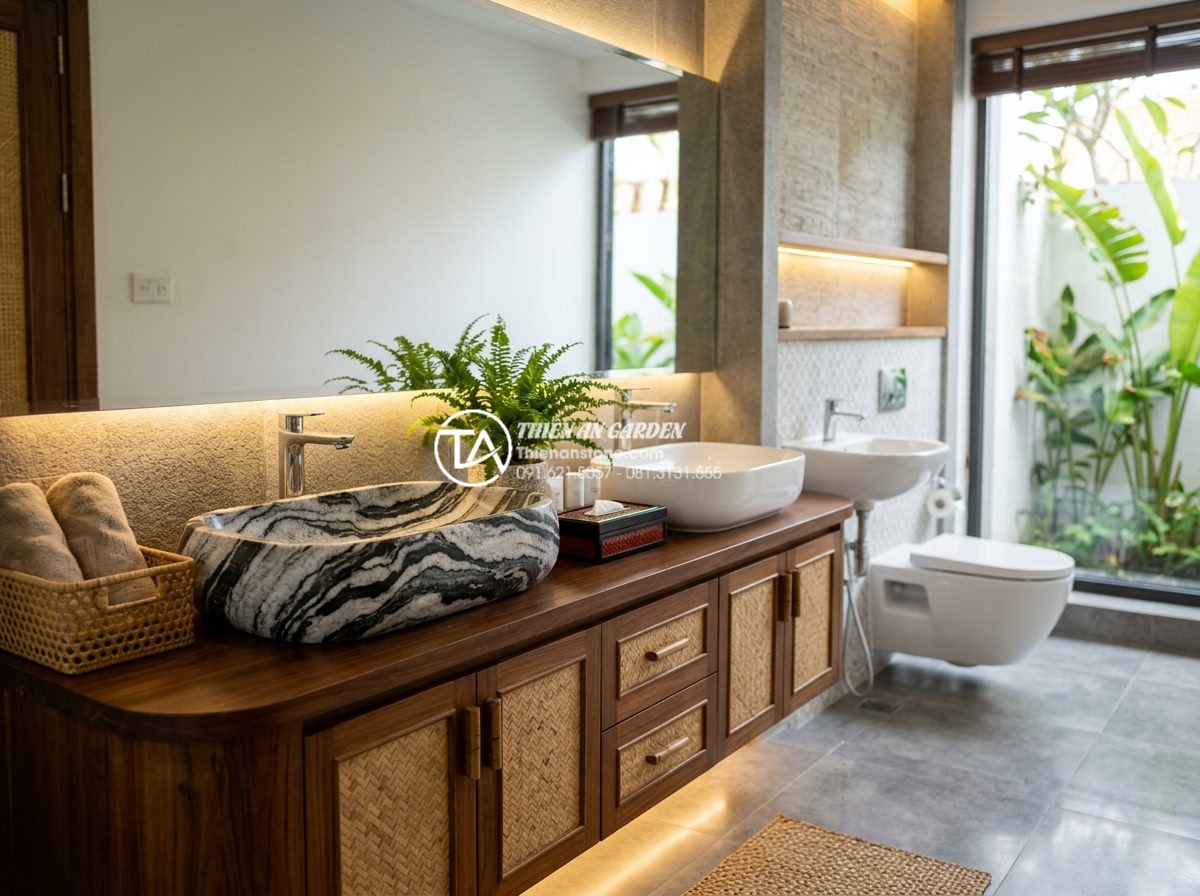 Phối Hợp Lavabo Đá Tự Nhiên Với Thiết Bị Vệ Sinh Inax, Toto, Viglacera Sao Cho Đẹp? - Contemporary Vietnamese-style bathroom with natural granite lavabo basin in dark