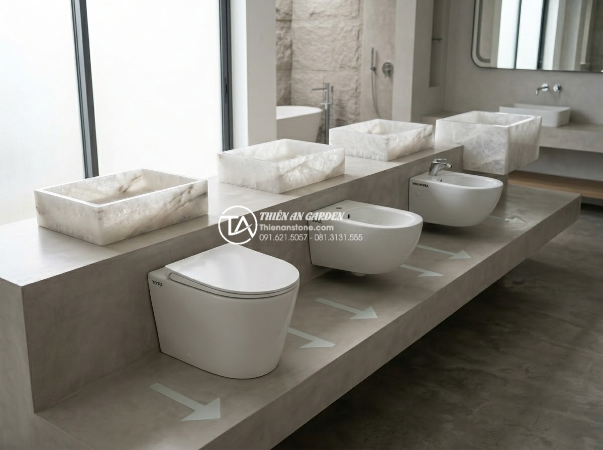 Phối Hợp Lavabo Đá Tự Nhiên Với Thiết Bị Vệ Sinh Inax, Toto, Viglacera Sao Cho Đẹp? - Detailed color matching guide visualization showing four different natural stone