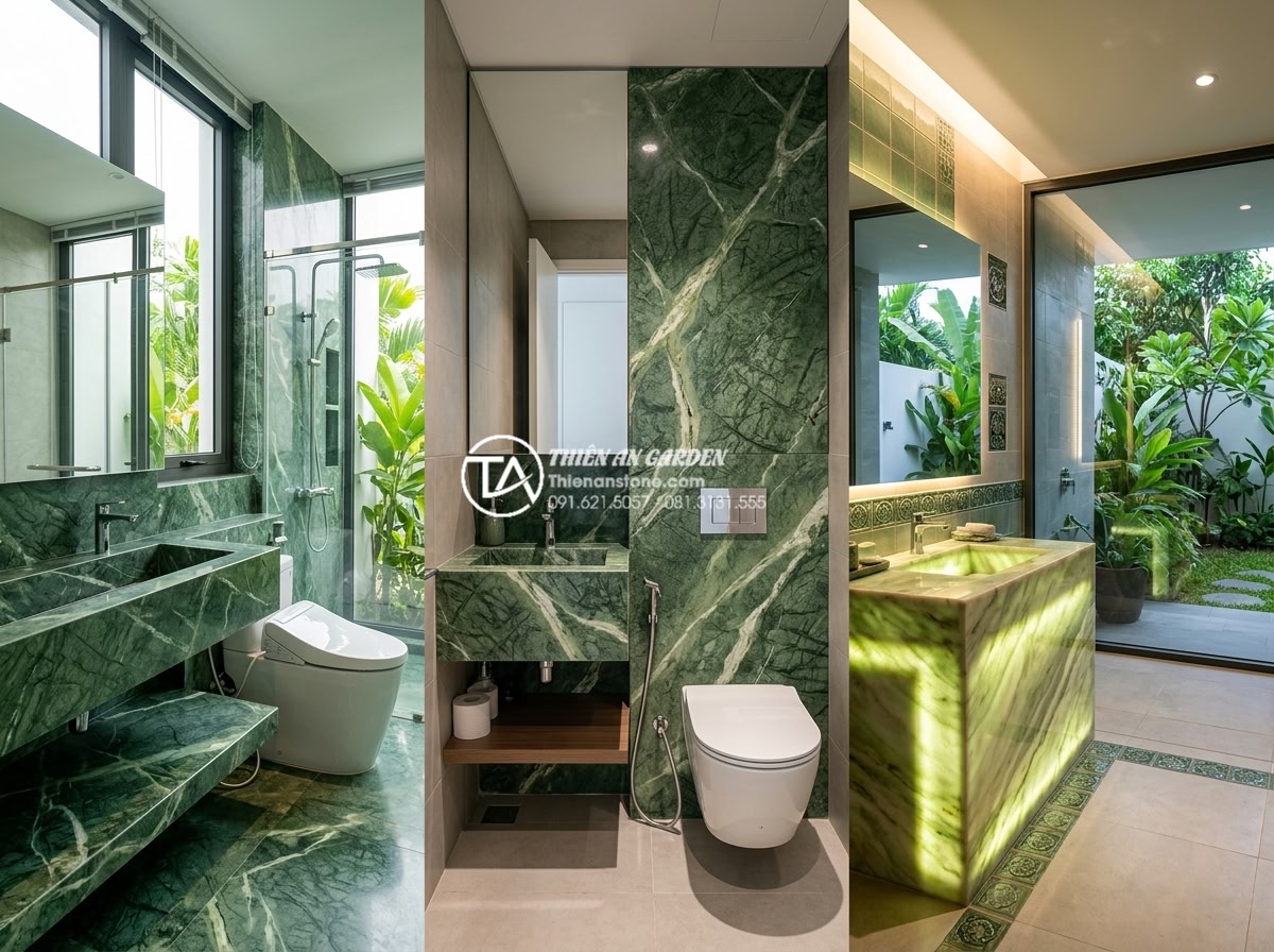 Phối Hợp Lavabo Đá Tự Nhiên Với Thiết Bị Vệ Sinh Inax, Toto, Viglacera Sao Cho Đẹp? - Three different bathroom design concepts rendered in photorealistic style: moder