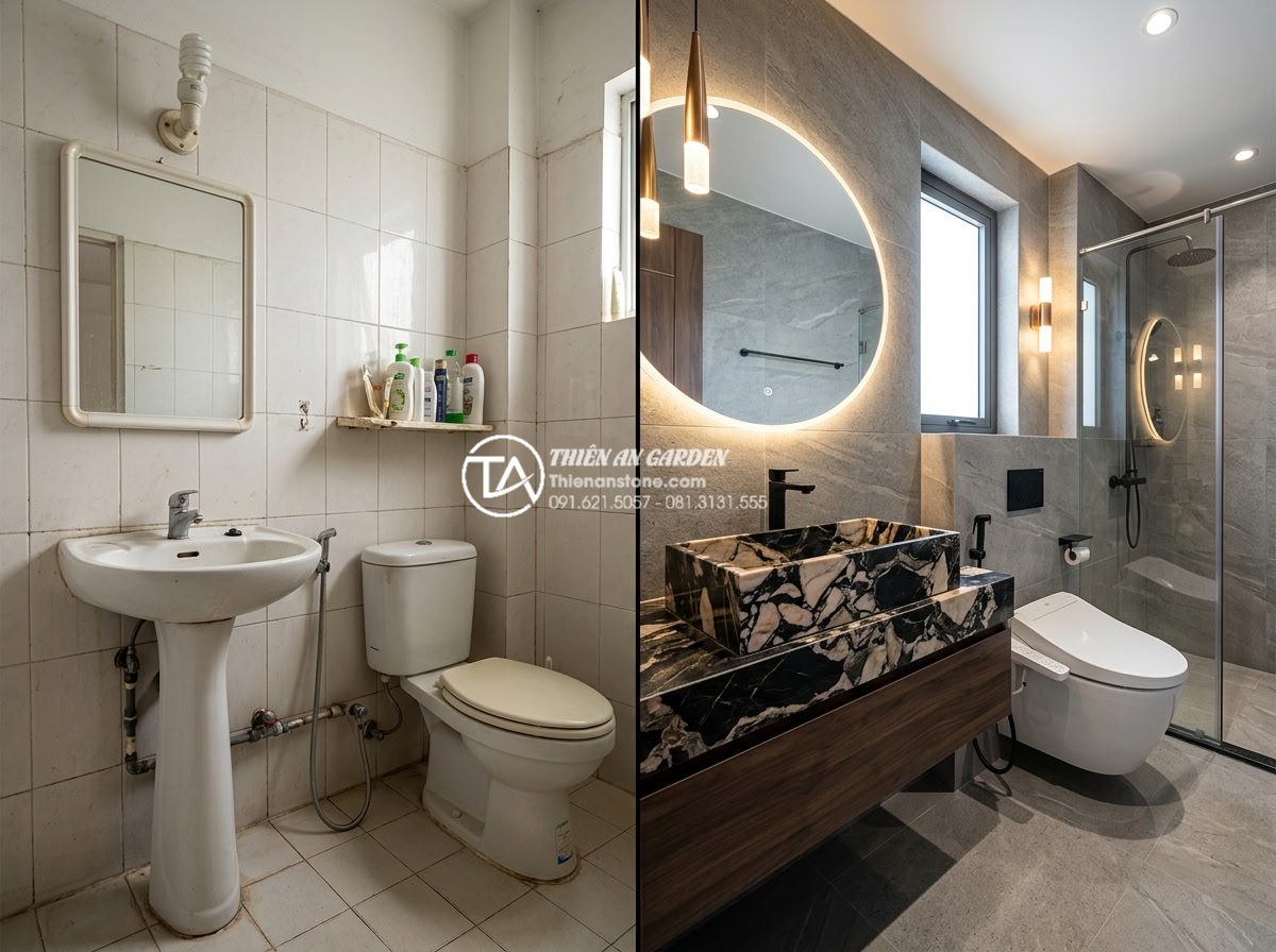 Phối Hợp Lavabo Đá Tự Nhiên Với Thiết Bị Vệ Sinh Inax, Toto, Viglacera Sao Cho Đẹp? - Before-and-after comparison of a bathroom renovation project: left side shows ol