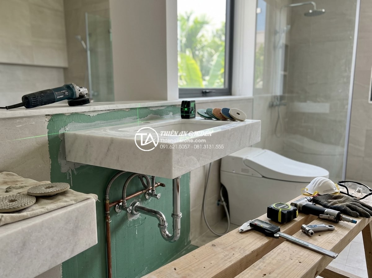 Phối Hợp Lavabo Đá Tự Nhiên Với Thiết Bị Vệ Sinh Inax, Toto, Viglacera Sao Cho Đẹp? - Professional construction team from Thien An Stone installing a custom natural m
