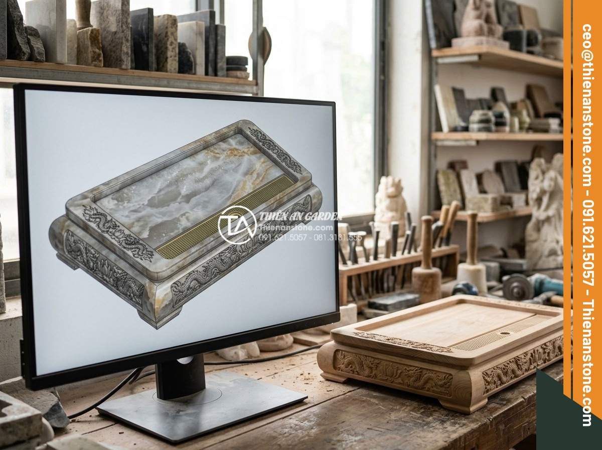 Quy trình chế tác bàn trà đá nguyên khối từ khối đá thô đến tác phẩm nghệ thuật - 3D CAD rendering and physical prototype of a custom designed monolithic stone te