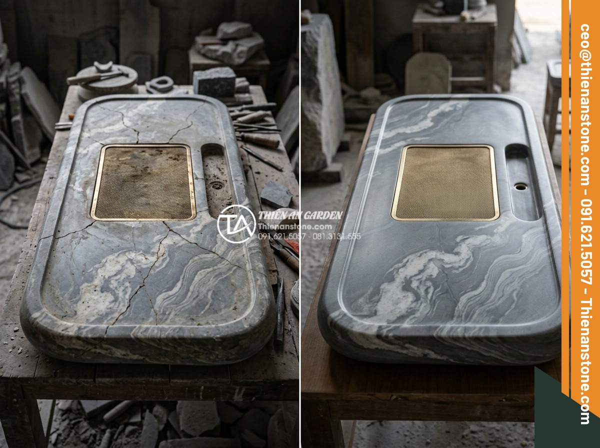 Quy trình chế tác bàn trà đá nguyên khối từ khối đá thô đến tác phẩm nghệ thuật - Before and after comparison of repaired monolithic stone tea table showing crack