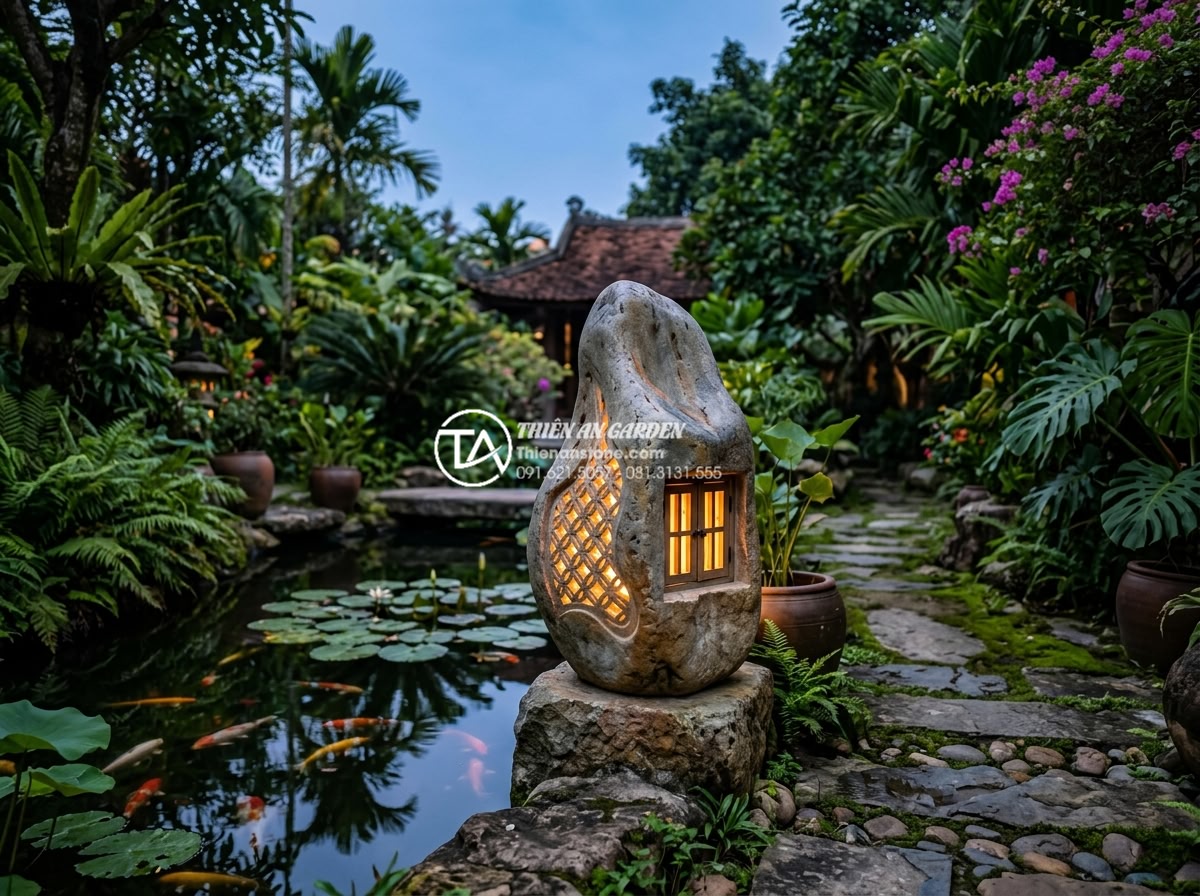 Quy trình chế tác đèn đá mỹ nghệ thủ công tại xưởng: Từ đá thô đến tác phẩm - Hình 1 Quy trình chế tác đèn đá mỹ nghệ thủ công tại xưởng: Từ đá thô đến tác phẩm - Professional wide-angle photograph of an elegant hand-carved granite stone lante