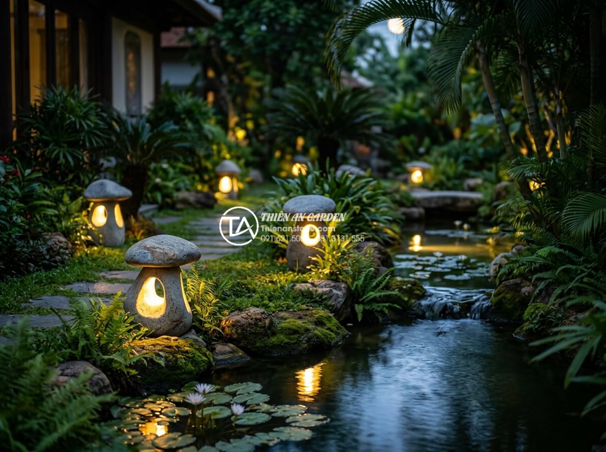 Quy trình chế tác đèn đá mỹ nghệ thủ công tại xưởng: Từ đá thô đến tác phẩm - Hình 16 Quy trình chế tác đèn đá mỹ nghệ thủ công tại xưởng: Từ đá thô đến tác phẩm - Happy customer receiving installed glowing stone lanterns in their villa garden