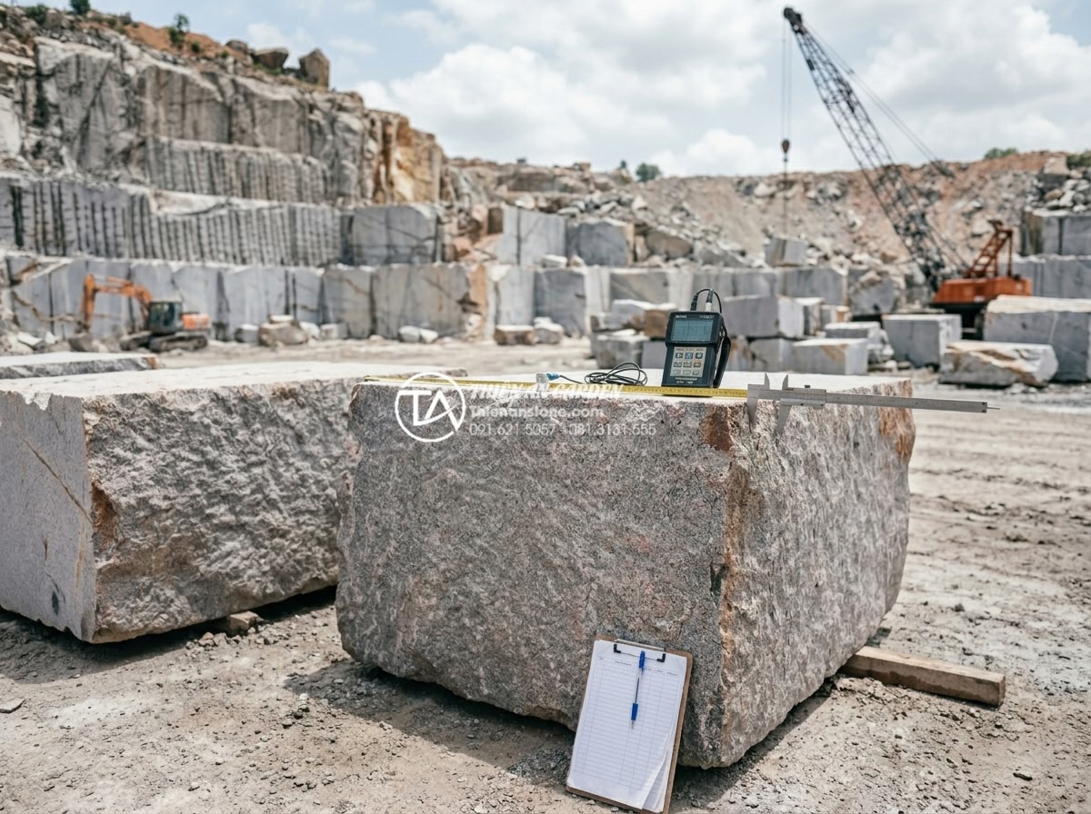 Quy trình chế tác đèn đá mỹ nghệ thủ công tại xưởng: Từ đá thô đến tác phẩm - Hình 3 Quy trình chế tác đèn đá mỹ nghệ thủ công tại xưởng: Từ đá thô đến tác phẩm - Detailed photograph of skilled workers selecting and inspecting large raw granit