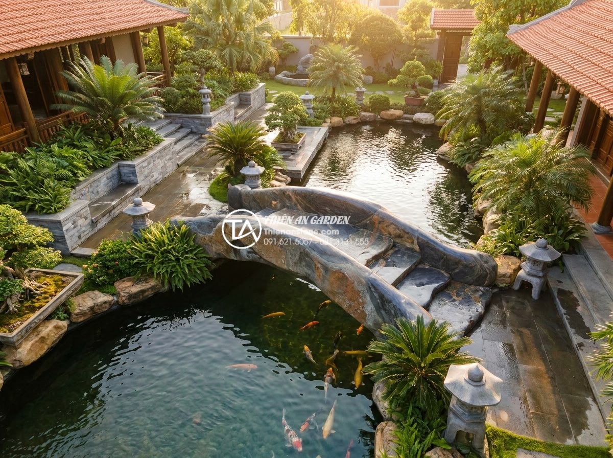 Quy trình thi công cầu đá sân vườn 5 bước chuẩn kỹ thuật xây dựng - Aerial view of a luxurious Vietnamese villa garden featuring a beautifully arche
