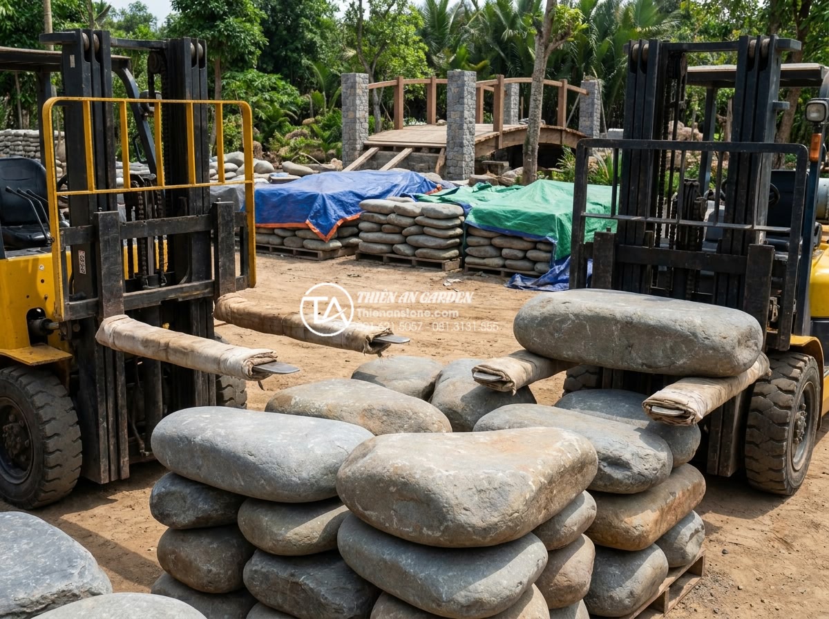 Quy trình thi công cầu đá sân vườn 5 bước chuẩn kỹ thuật xây dựng - Workers carefully unloading and stacking large natural stone blocks for garden b