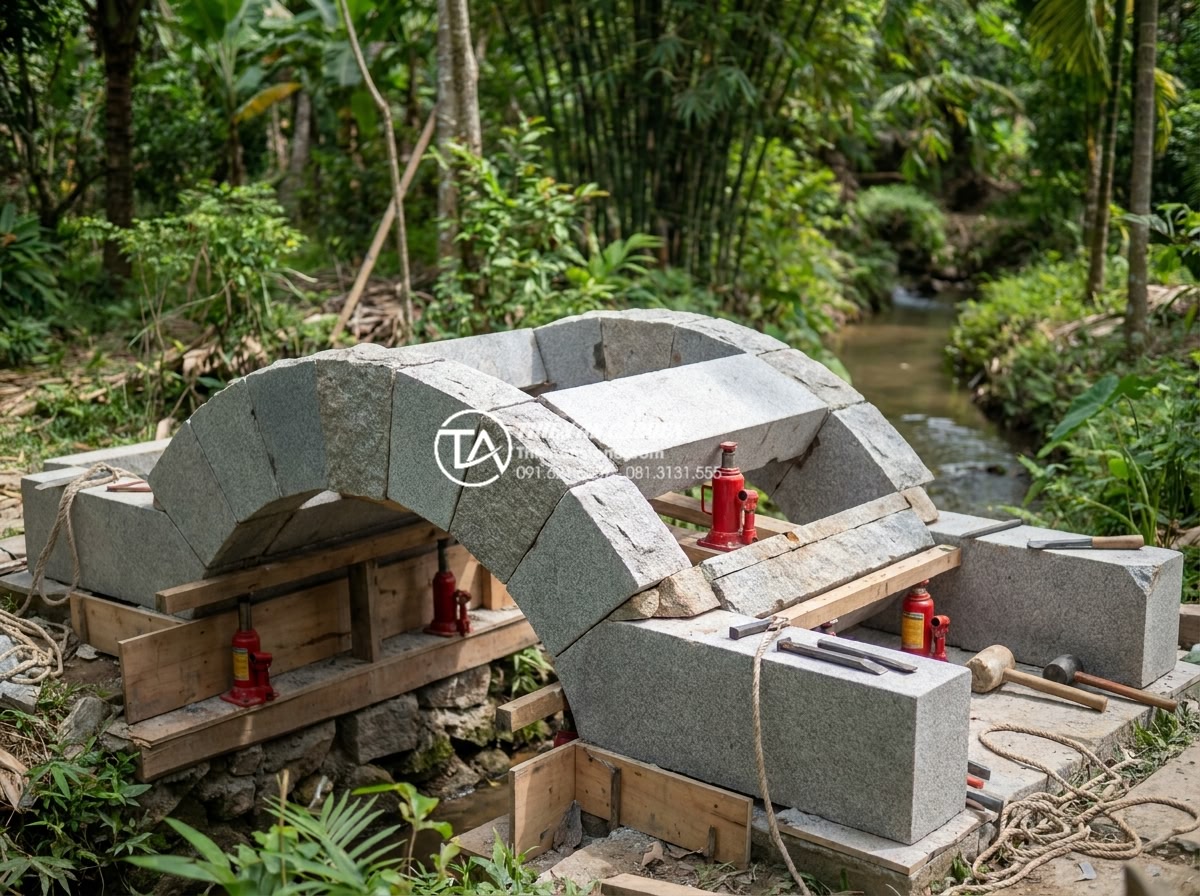 Quy trình thi công cầu đá sân vườn 5 bước chuẩn kỹ thuật xây dựng - Skilled stonemasons carefully placing and fitting precisely cut natural granite 
