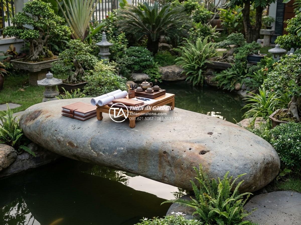 Quy trình thi công cầu đá sân vườn 5 bước chuẩn kỹ thuật xây dựng - Formal handover ceremony of completed natural stone garden bridge project with c