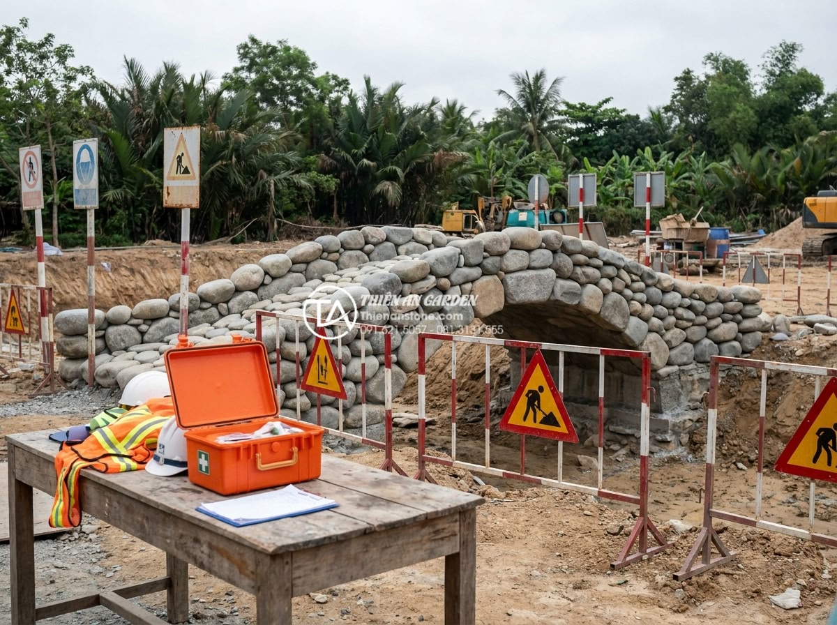 Quy trình thi công cầu đá sân vườn 5 bước chuẩn kỹ thuật xây dựng - Safety supervisor conducting daily toolbox talk and PPE inspection with construc
