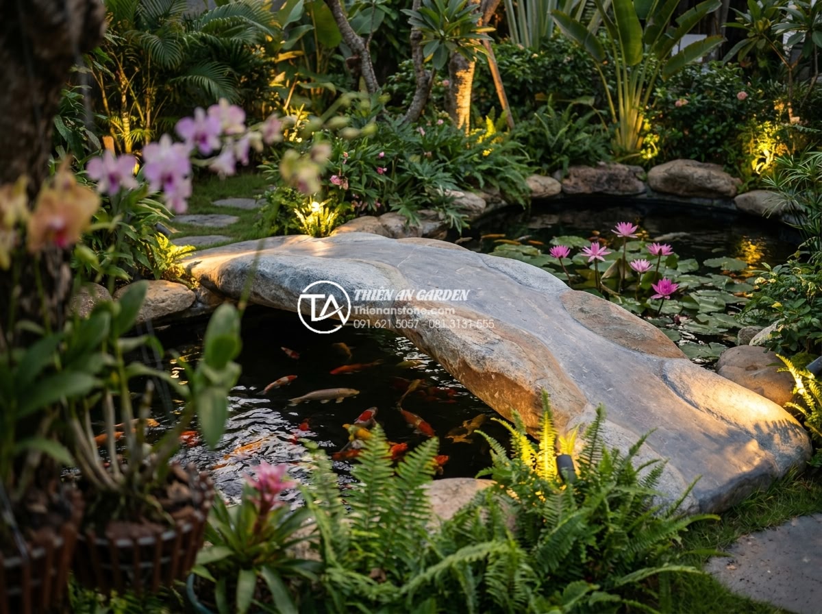 Quy trình thi công cầu đá sân vườn 5 bước chuẩn kỹ thuật xây dựng - Happy Vietnamese family enjoying their newly completed elegant natural stone gar