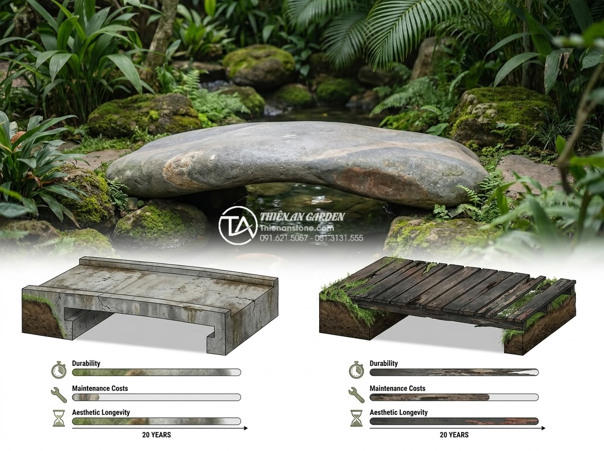 Quy trình thi công cầu đá sân vườn 5 bước chuẩn kỹ thuật xây dựng - Technical comparison infographic showing cross-section diagrams of natural stone
