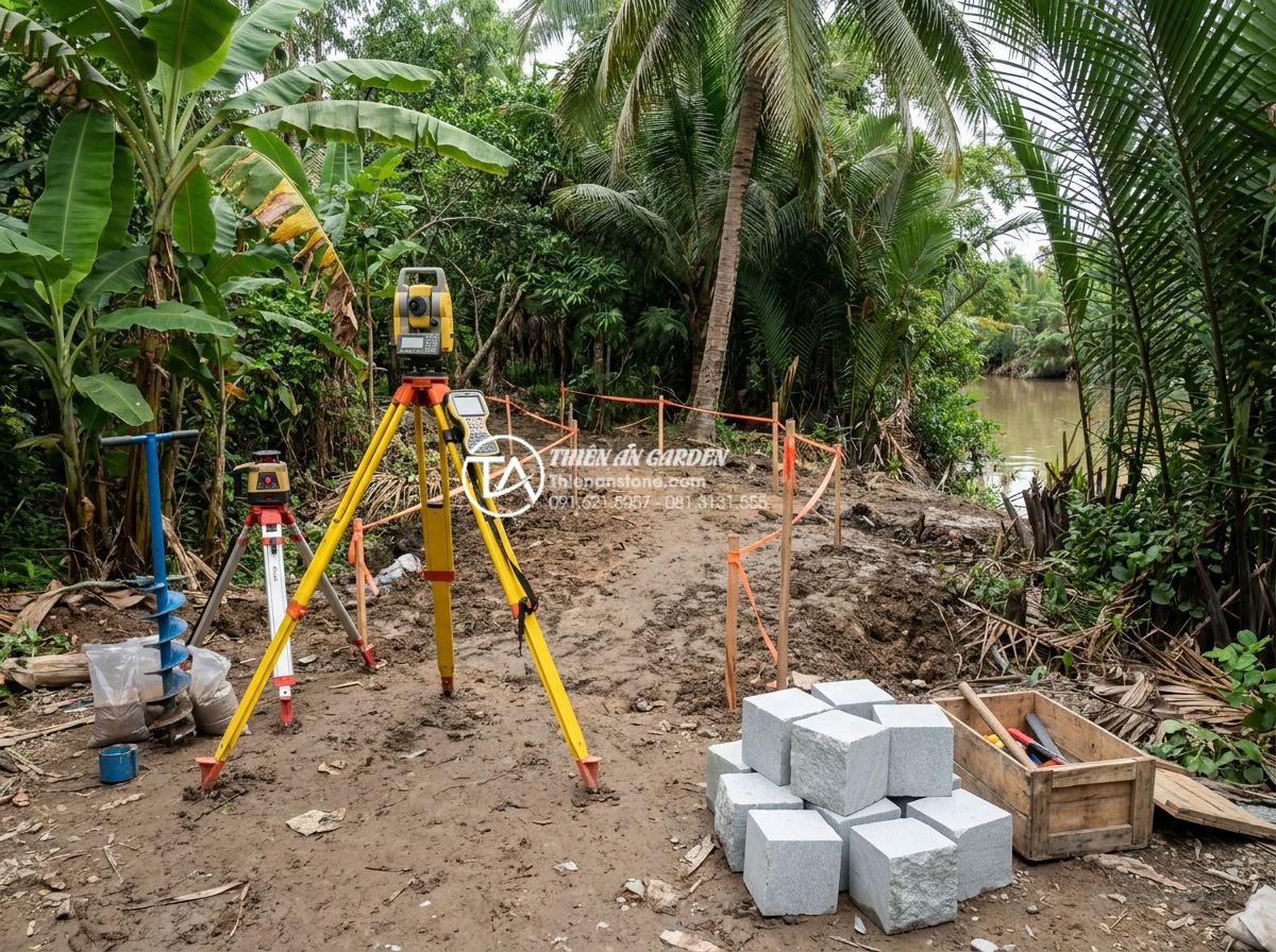Quy trình thi công cầu đá sân vườn 5 bước chuẩn kỹ thuật xây dựng - Professional on-site preparation scene showing engineers from Da Canh Thien An u