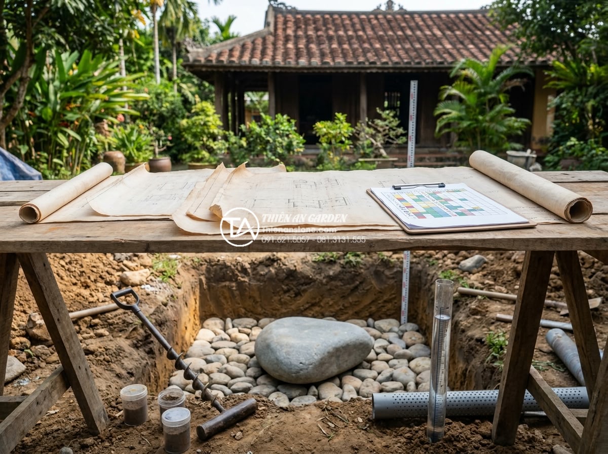 Quy trình thi công cầu đá sân vườn 5 bước chuẩn kỹ thuật xây dựng - Detailed technical drawing and risk assessment matrix for stone garden bridge fo
