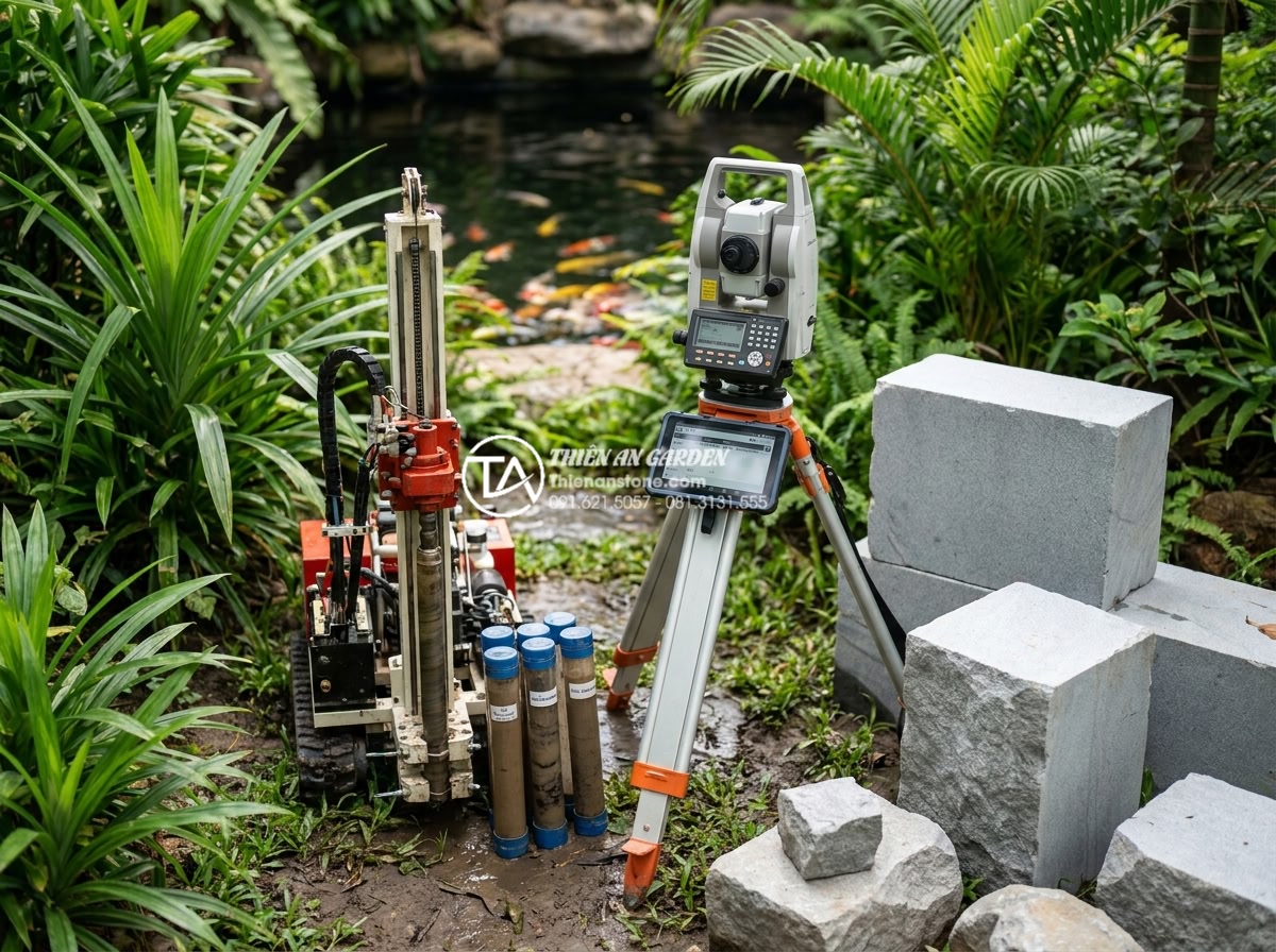 Quy trình thi công cầu đá sân vườn 5 bước chuẩn kỹ thuật xây dựng - Engineers conducting detailed geotechnical survey for stone garden bridge site u