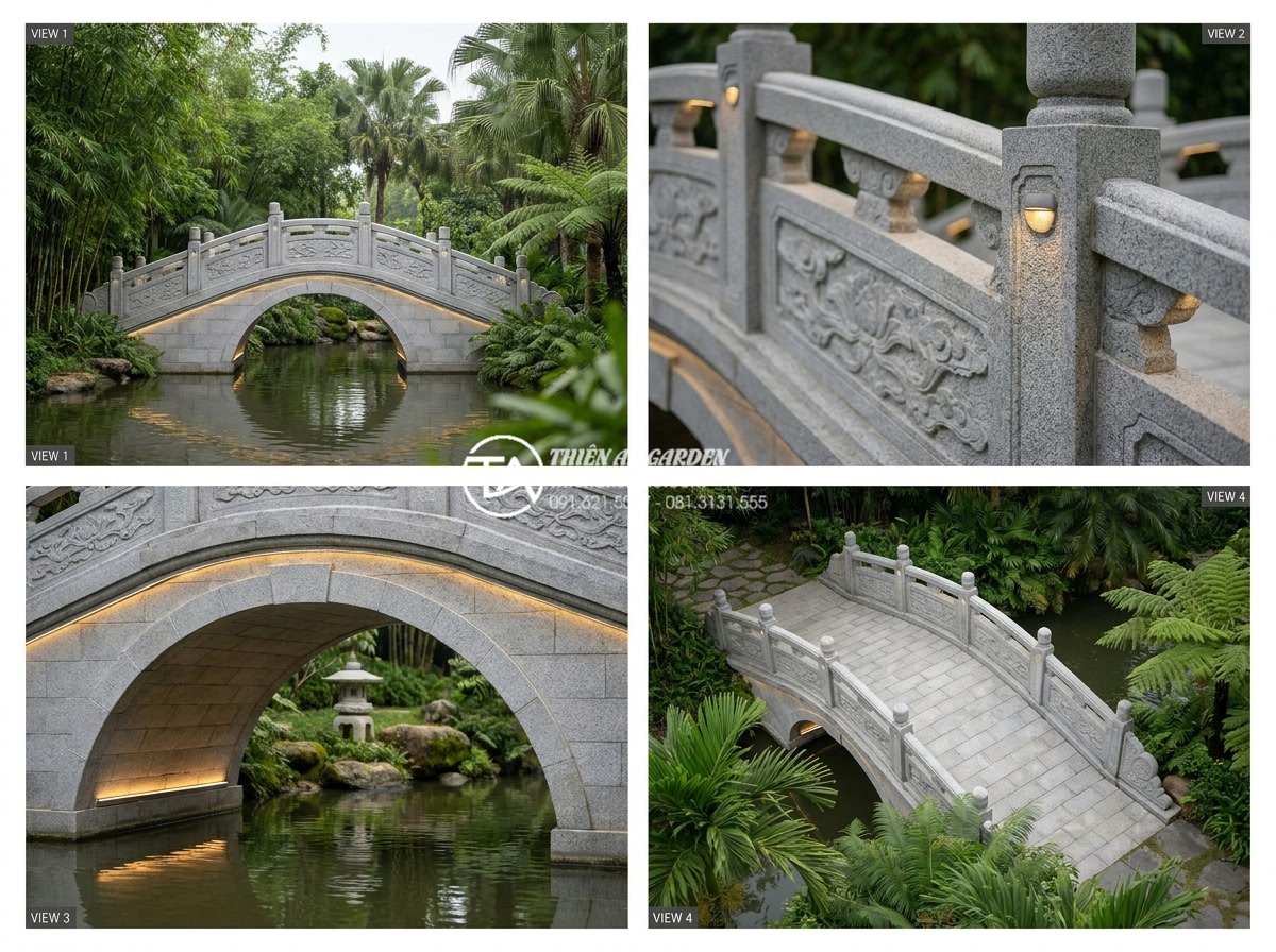 Quy trình thi công cầu đá sân vườn 5 bước chuẩn kỹ thuật xây dựng - High-quality 3D architectural rendering of a proposed natural stone garden bridg