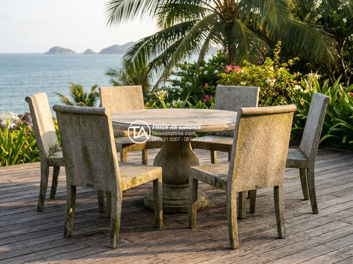 Review thực tế: Sử dụng bàn ghế đá hoa cương sau 10 năm sẽ như thế nào? - Professional realistic photo of elegant granite stone patio set with round table