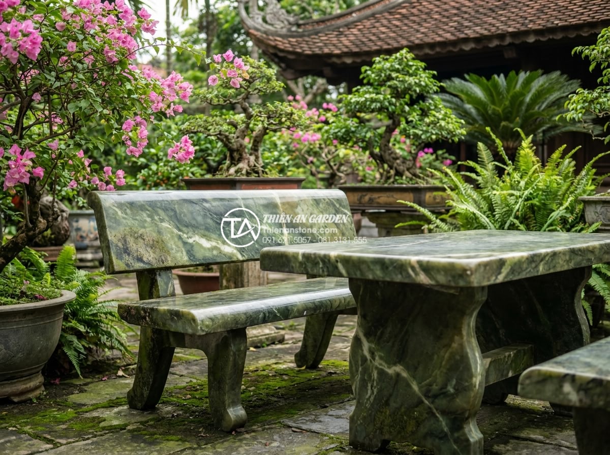 Review thực tế: Sử dụng bàn ghế đá hoa cương sau 10 năm sẽ như thế nào? - Detailed realistic image of a weathered yet elegant granite bench and table set 