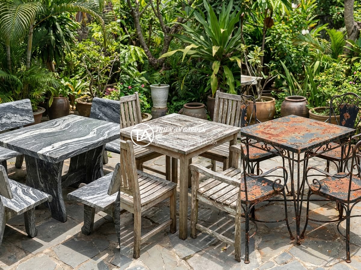 Review thực tế: Sử dụng bàn ghế đá hoa cương sau 10 năm sẽ như thế nào? - High-quality realistic comparison style image showing a granite stone table and 