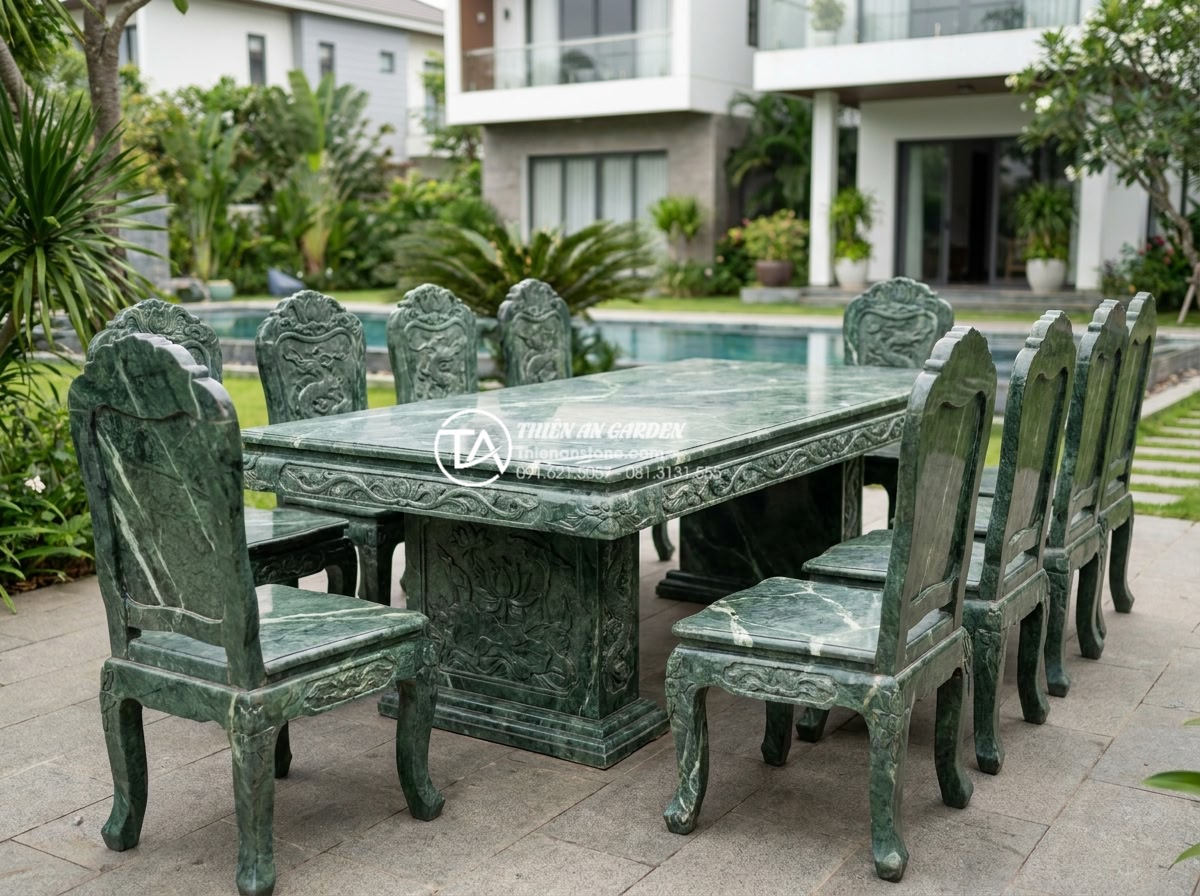 Review thực tế: Sử dụng bàn ghế đá hoa cương sau 10 năm sẽ như thế nào? - Beautiful realistic rendering of custom-designed granite stone dining set with i
