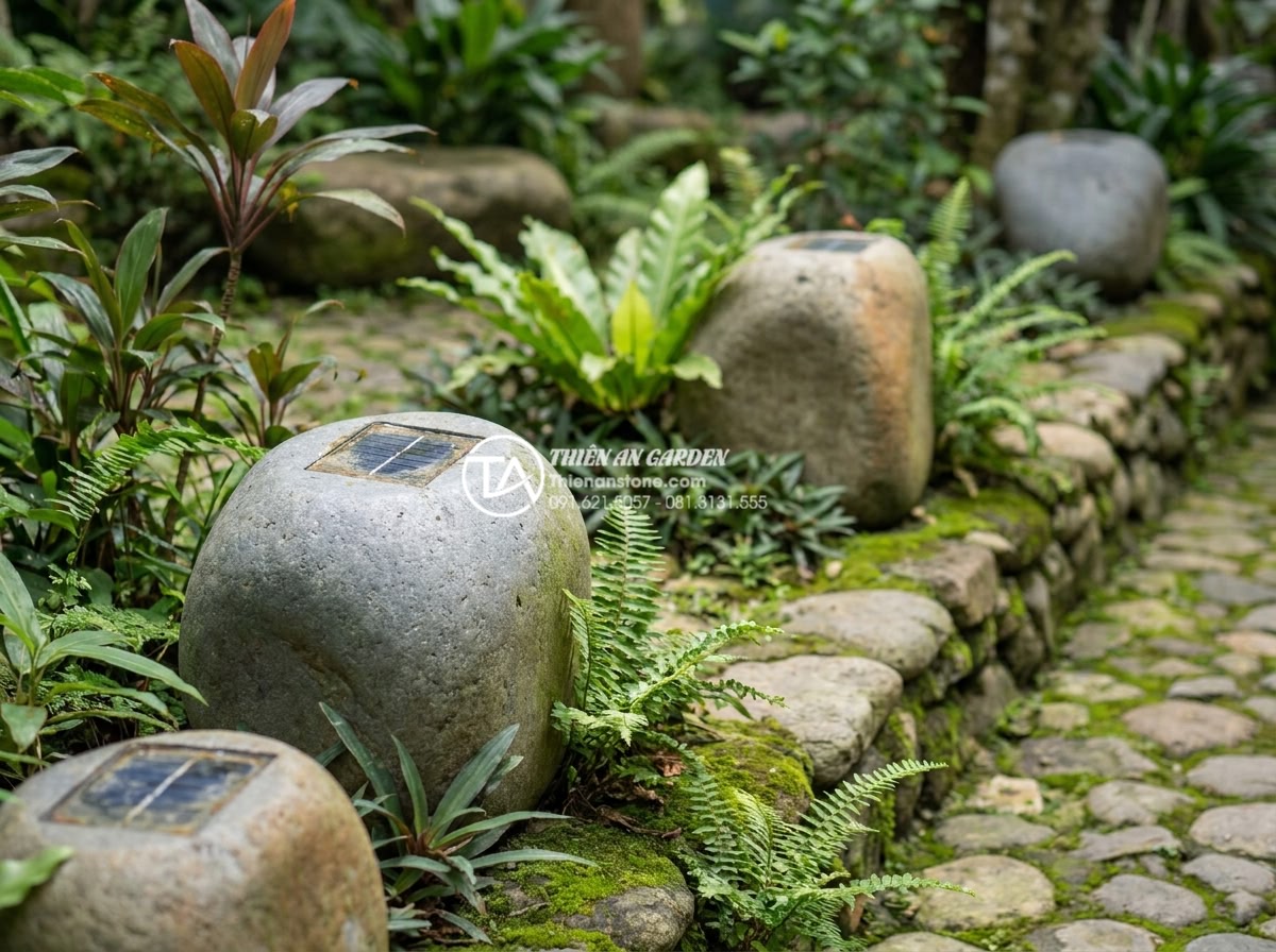 Review thực tế: Sử dụng đèn đá năng lượng mặt trời sau 1 năm - Eco-friendly solar stone lamps in a sustainable garden design with native plants