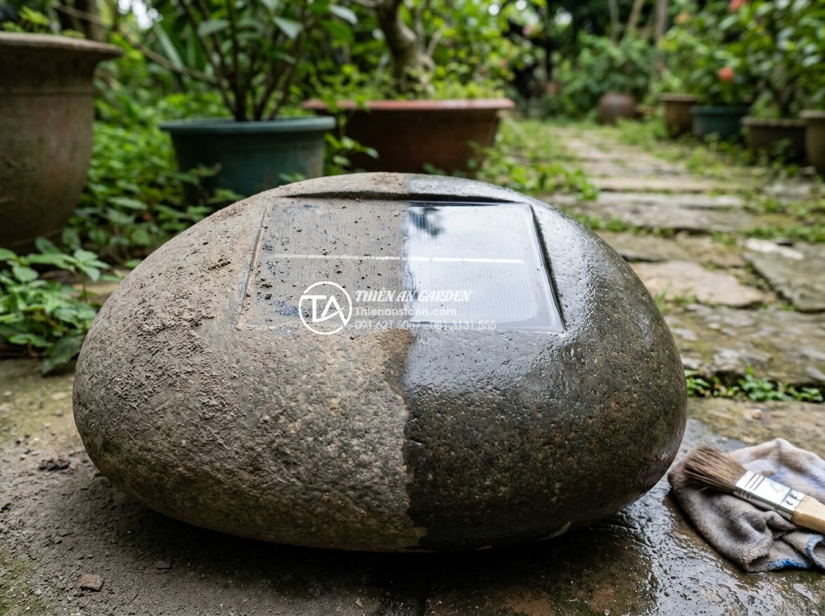 Review thực tế: Sử dụng đèn đá năng lượng mặt trời sau 1 năm - Problem-solving photo of a slightly dusty solar stone lamp being maintained, wit