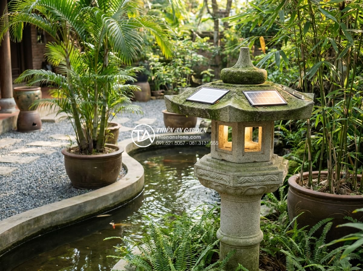 Review thực tế: Sử dụng đèn đá năng lượng mặt trời sau 1 năm - Cultural fusion photo of solar stone lamps integrated with traditional Kasuga-st