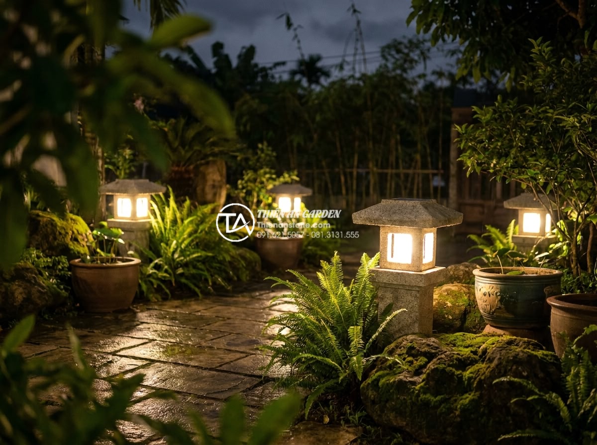 Review thực tế: Sử dụng đèn đá năng lượng mặt trời sau 1 năm - Final summary photo of a beautifully lit garden with multiple solar stone lamps 