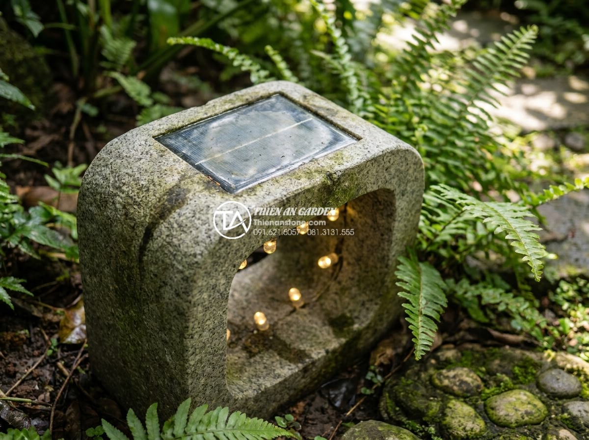 Review thực tế: Sử dụng đèn đá năng lượng mặt trời sau 1 năm - Close-up detailed view of a carved natural stone solar lamp showing integrated s