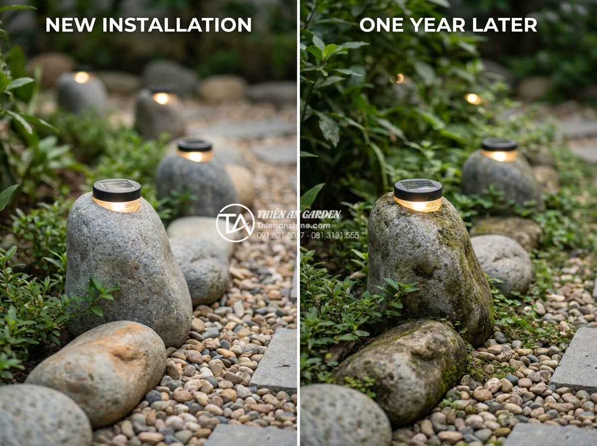 Review thực tế: Sử dụng đèn đá năng lượng mặt trời sau 1 năm - Before and after comparison photo of a garden area with newly installed solar st