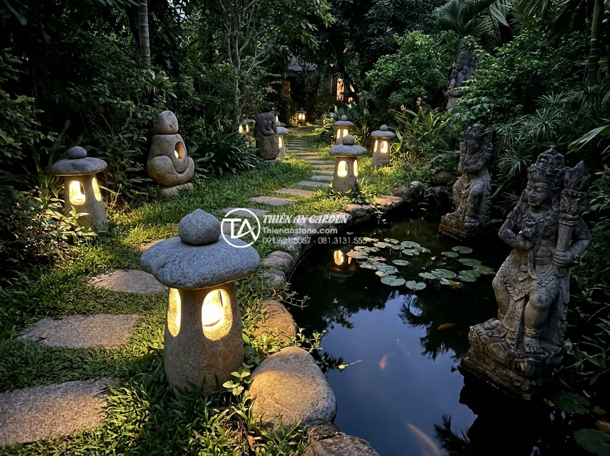 Review thực tế: Sử dụng đèn đá năng lượng mặt trời sau 1 năm - Wide angle shot of a complete solar stone lamp system illuminating a full garden